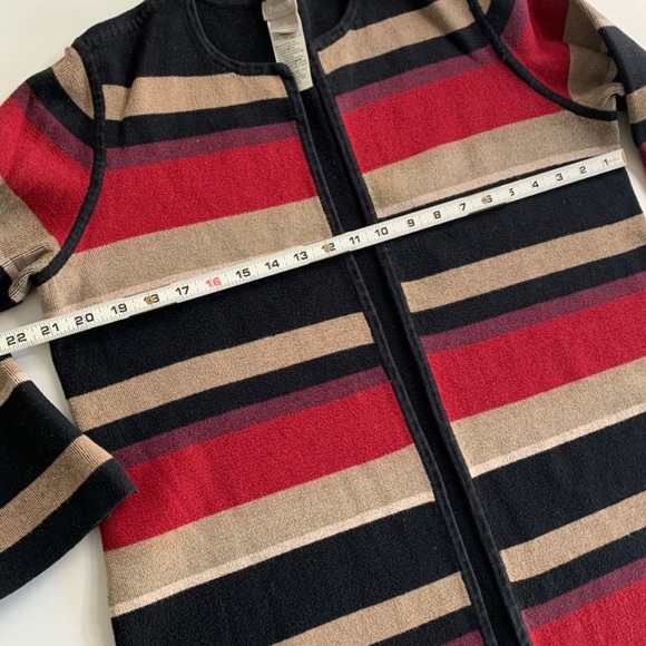 Chico’s 2 Black, Tan and Red Striped Long Sweater Jacket - Picture 7 of 9